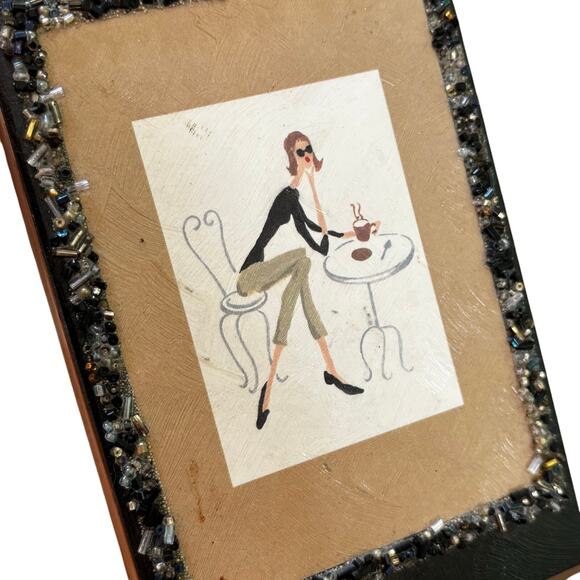 Cigar box purse hand made top handle bag painted beaded lined black tan wood - Picture 6 of 10